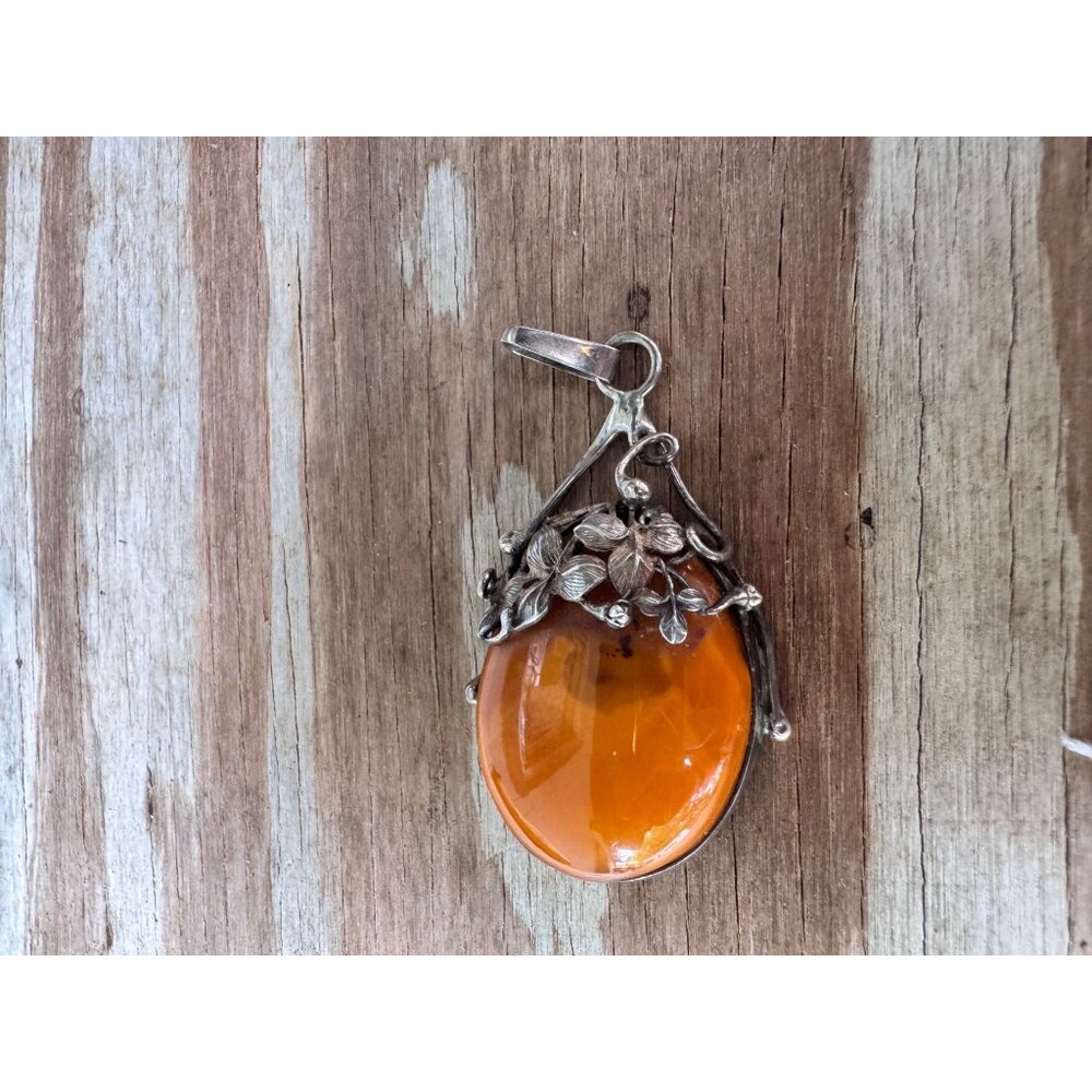 LK Sterling Silver Egg Yolk Butterscotch Amber Pendant Floral 3” 20.45g - Picture 5 of 8